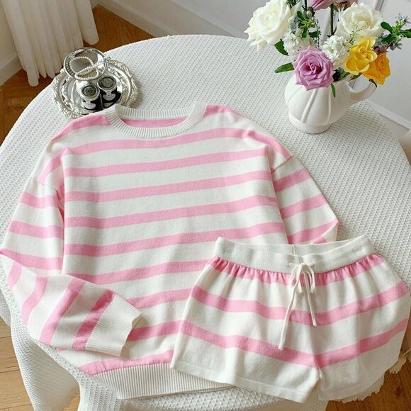 Pink & white Casual Women's Striped knit Sweater and Shorts Set - Picture 3 of 8